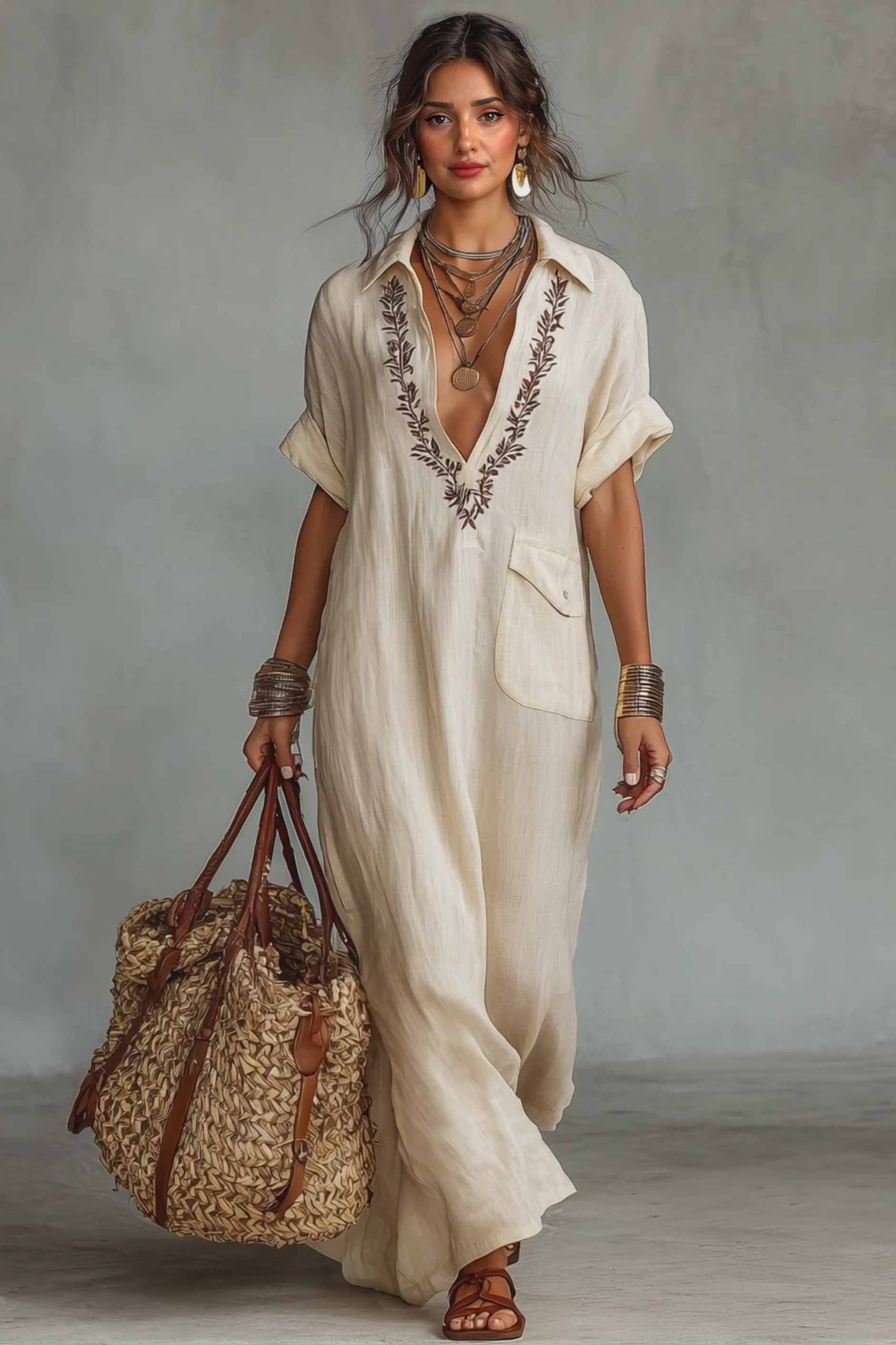 V-Neck Embroidered Maxi Dress