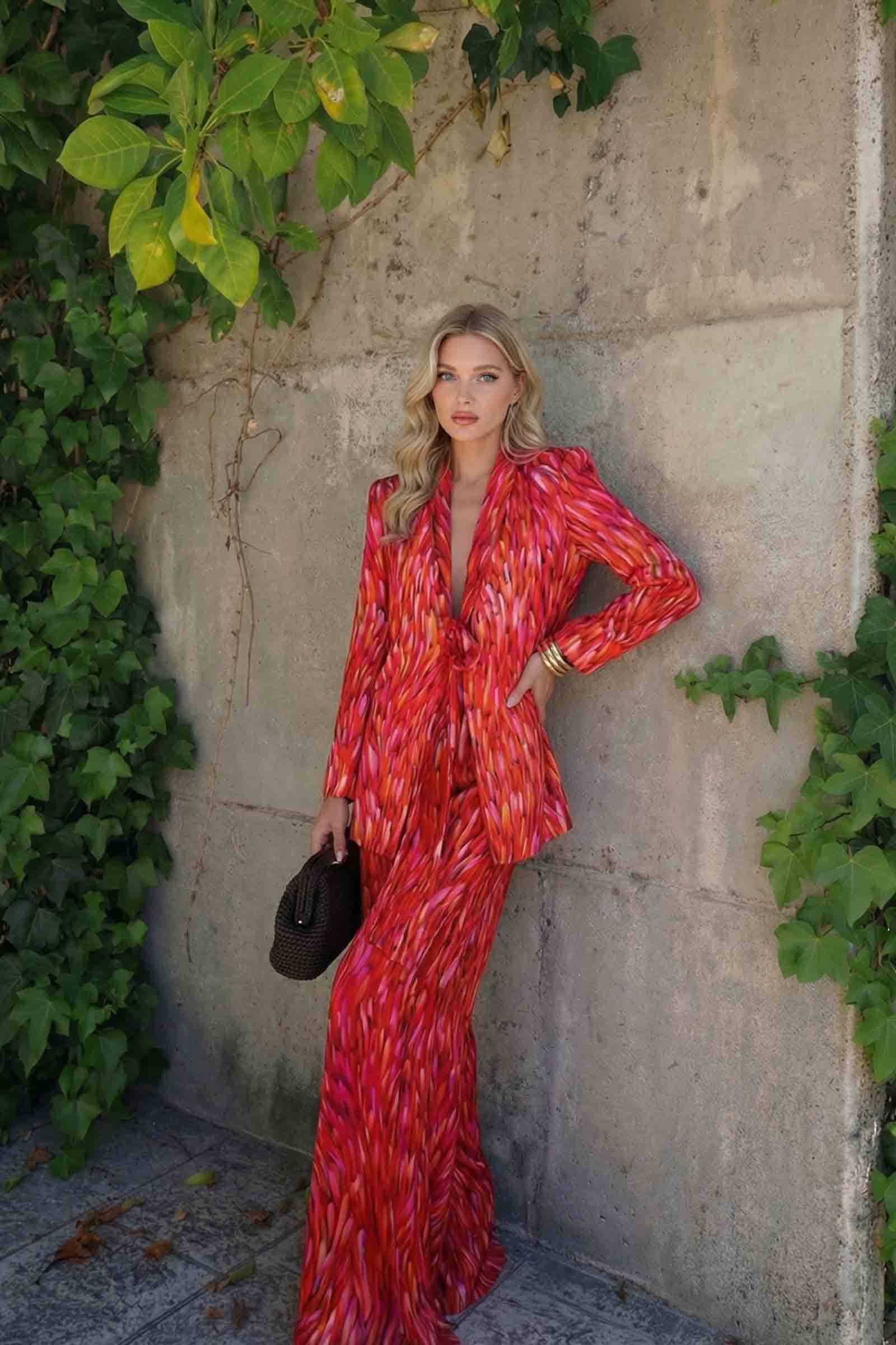 Unique Printed Blazer And Wide Leg Pants Set