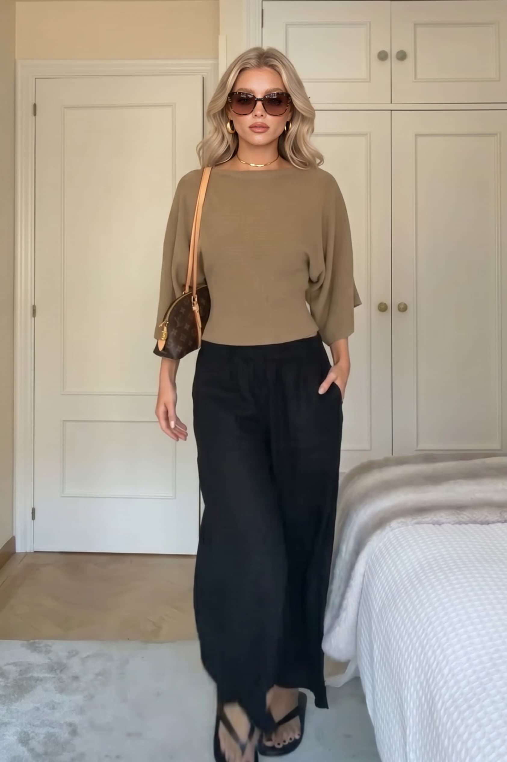 Lantern Sleeve Top And Wide-Leg Pants Set