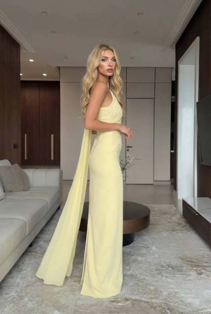 Slant Shoulder Shawl Design Maxi Dress