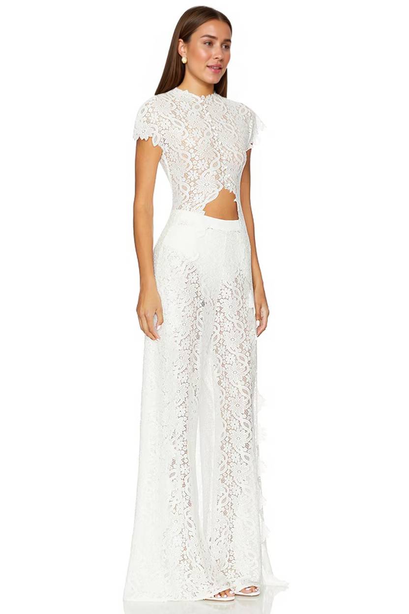 Lace Long-sleeved Top And Wide-leg Pants Set