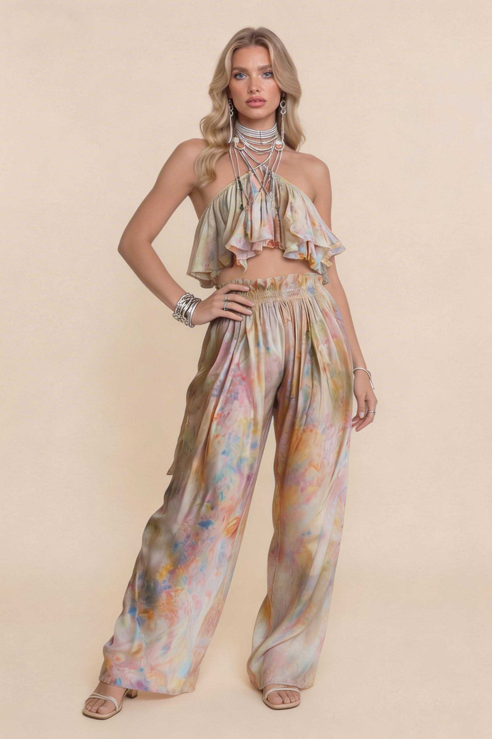 Printed Sling Top And Wide Leg Pants Set