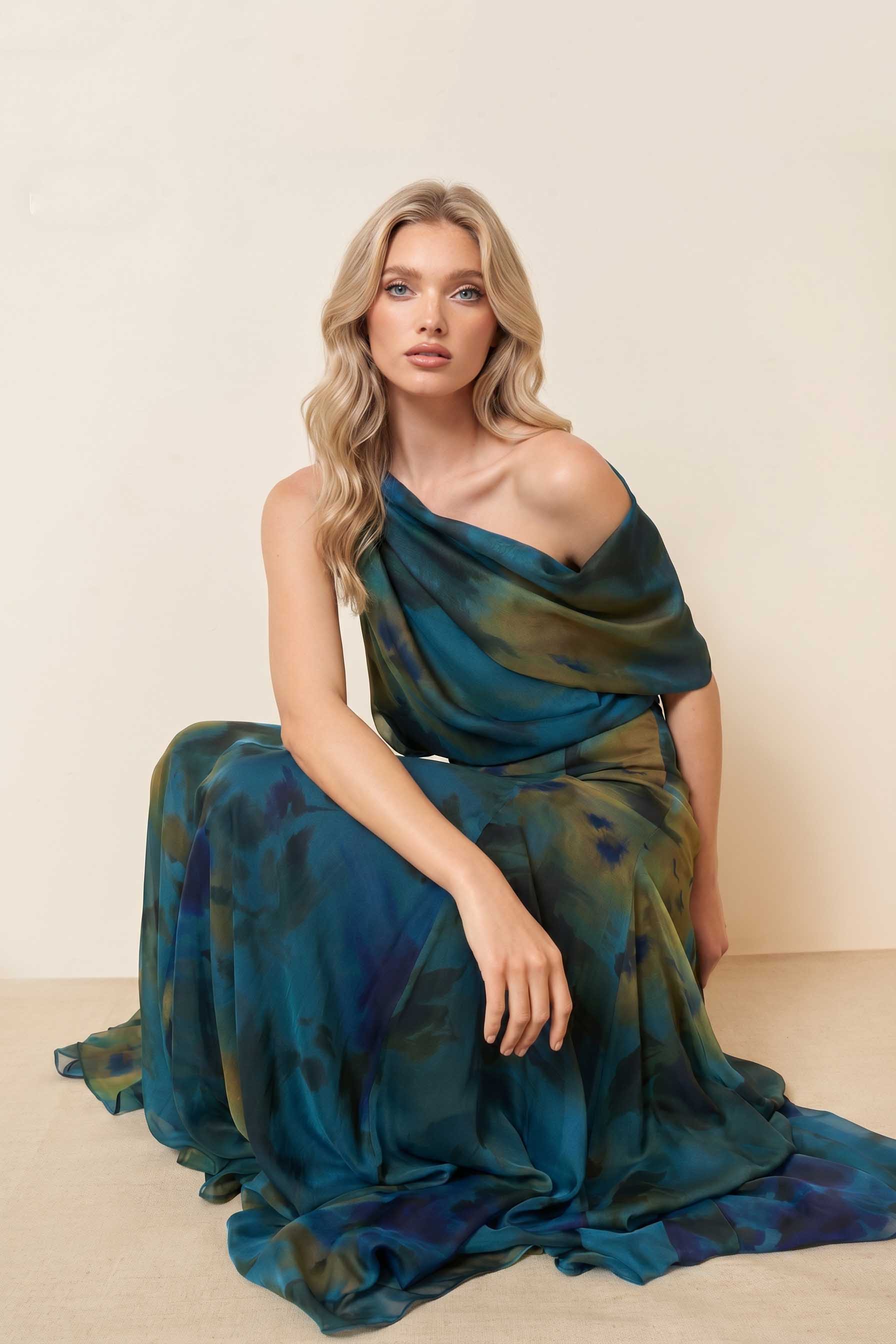 Asymmetric Design Printed Top Scarf And Skirt Set