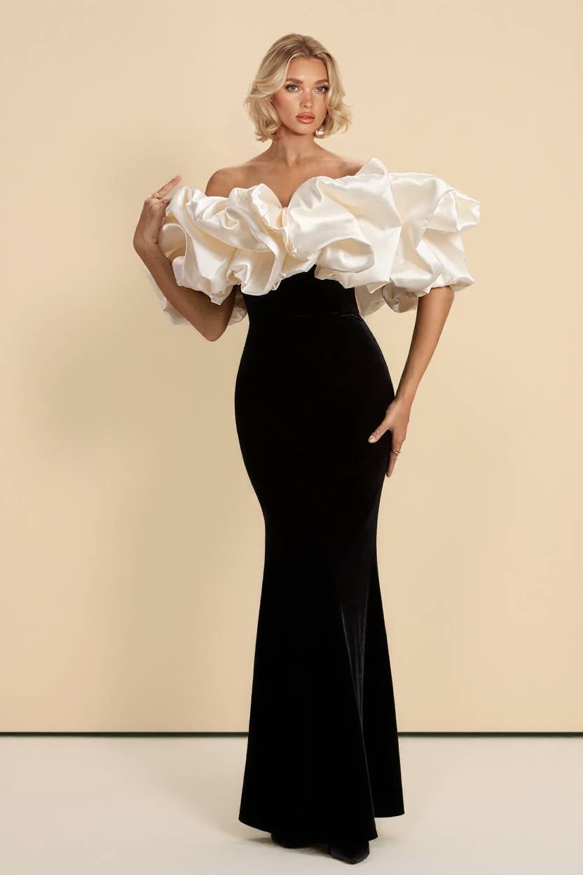 Off-Shoulder Color Contrast Velvet Splicing Maxi Dress