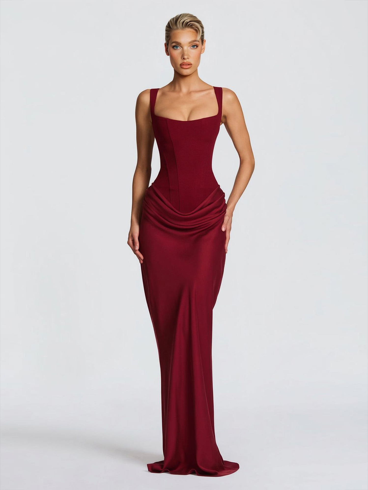 Elegant Square Neck Cinched Top & Ruched Waist Draped Maxi Dress
