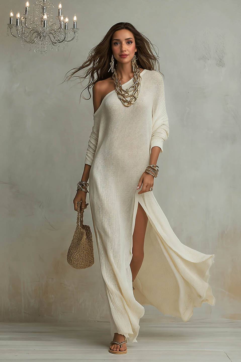 Off-Shoulder Slit Knit Dress
