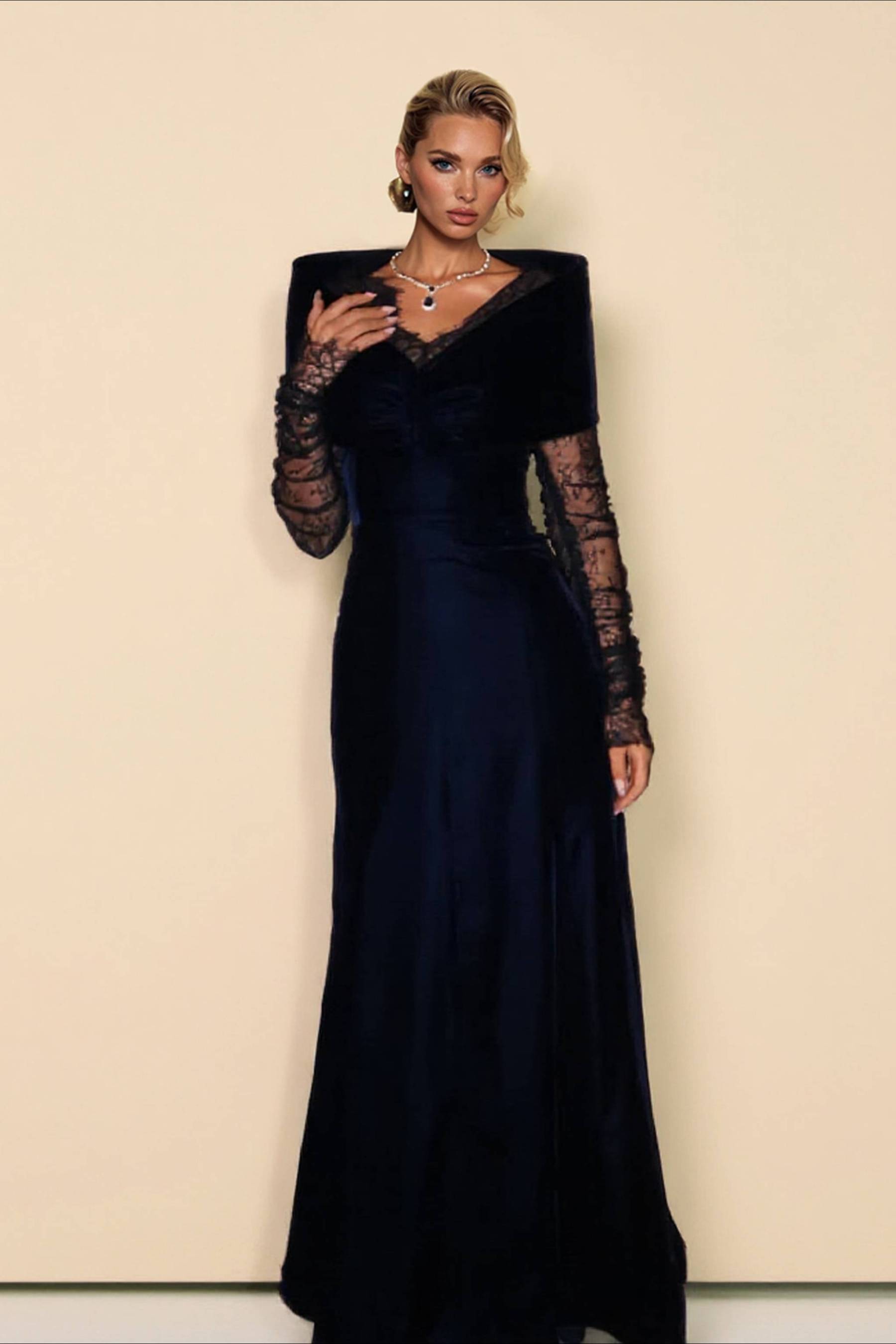 Velvet Splicing Lace Maxi Dress