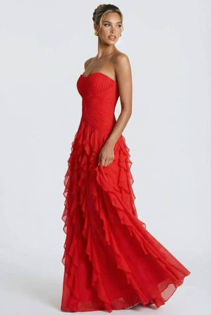 Pleated Strapless Ruffle Dress