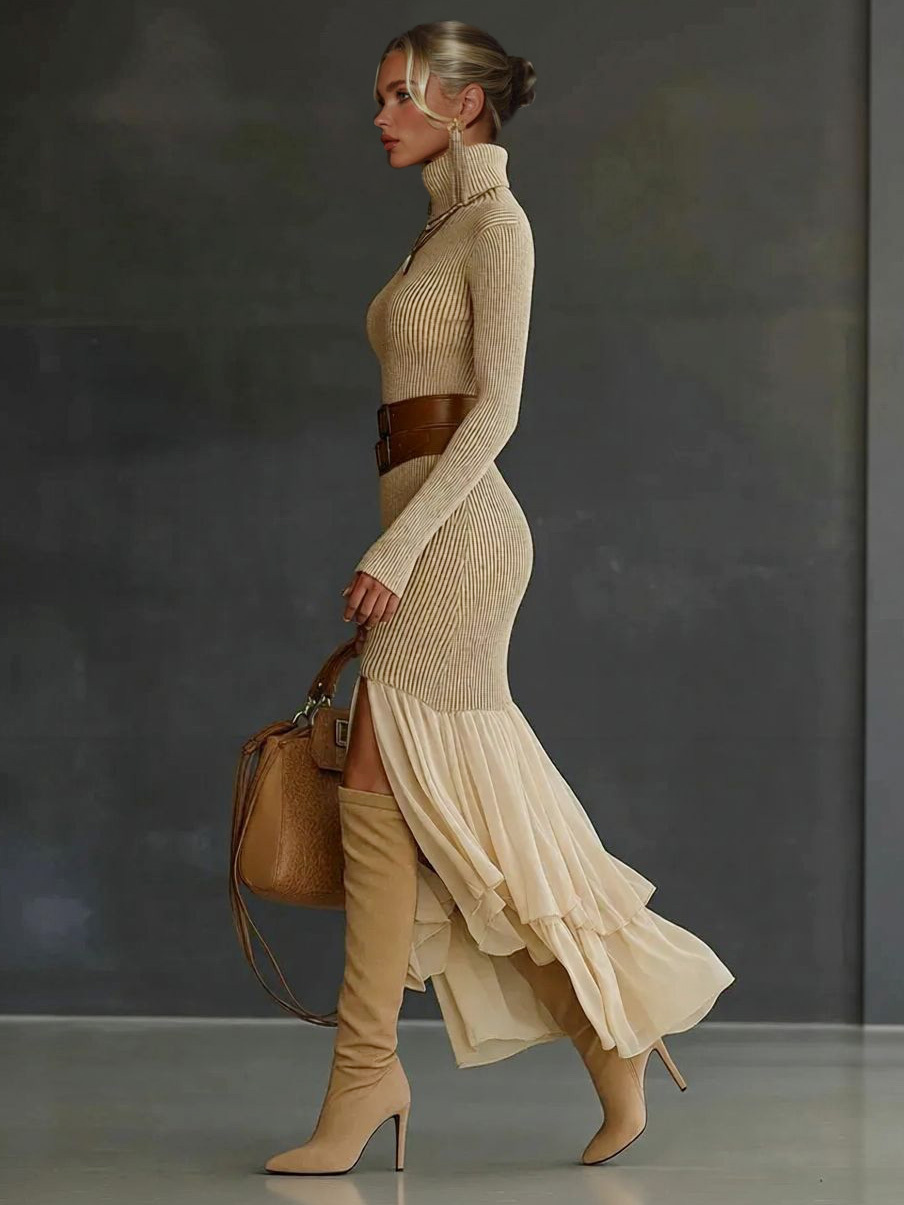 Elegant Asymmetrical Ruffled Knit Midi Dress