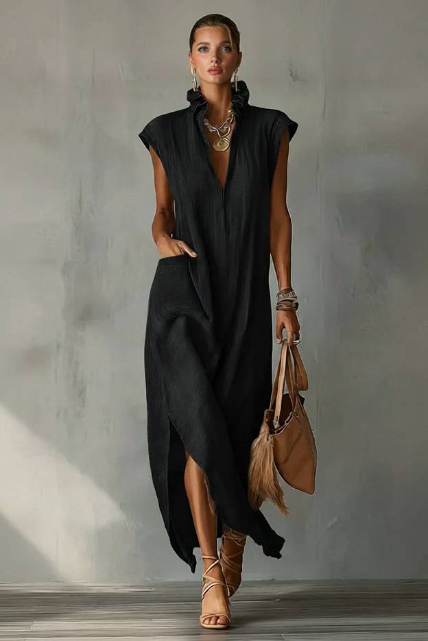 Lace Stand Collar Slit Dress