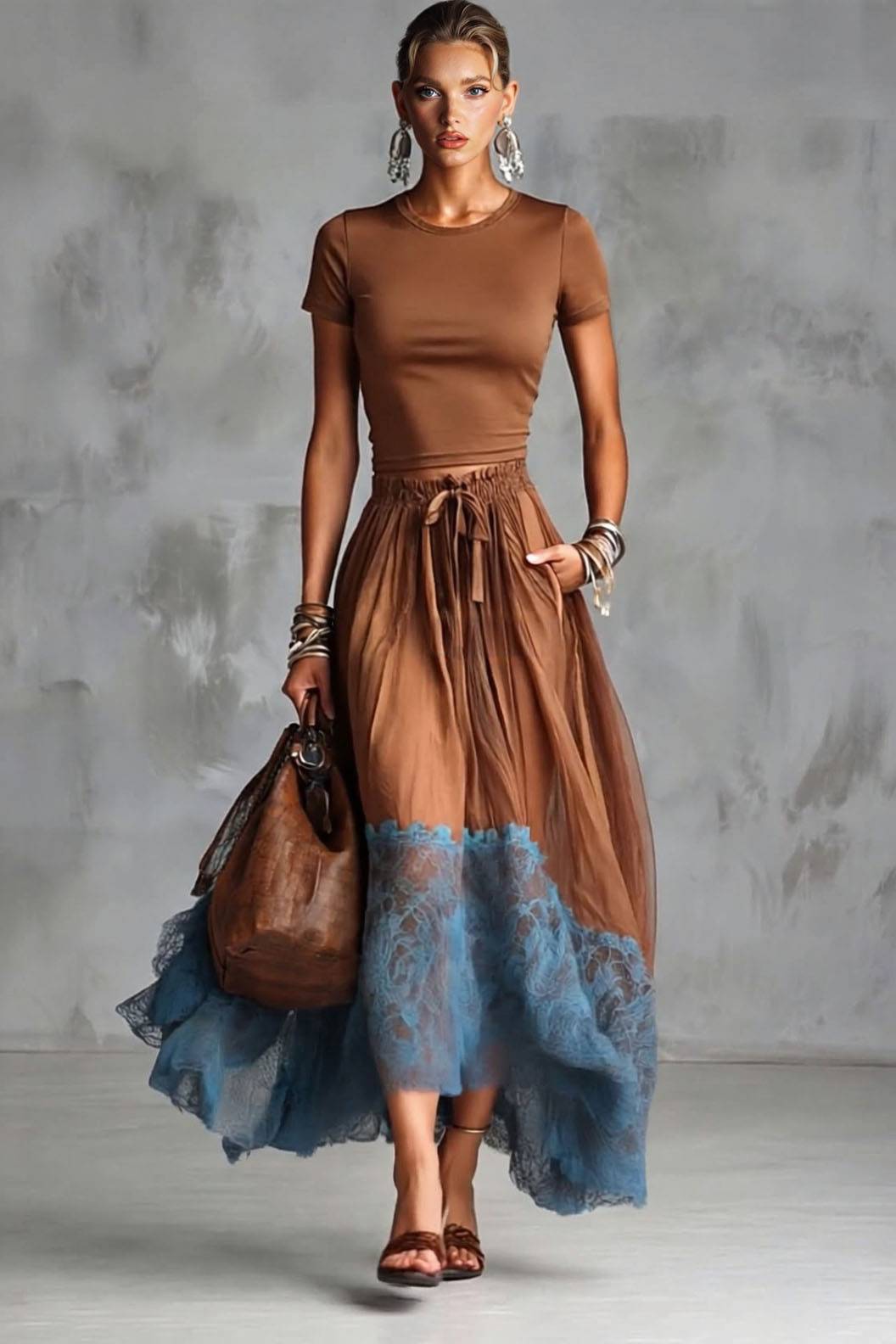 Slim-Fit Short T-Shirt And Lace Irregular Skirt Set