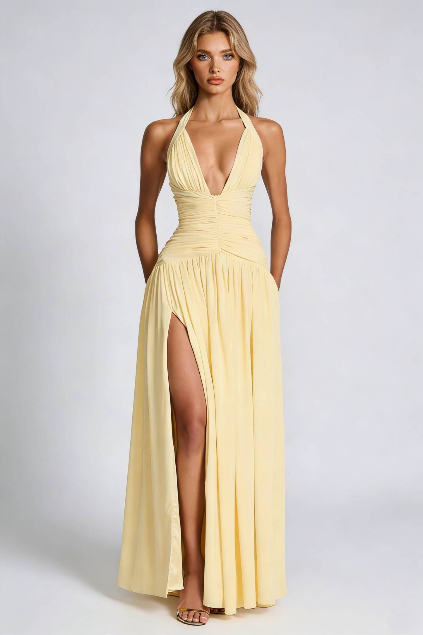 Halter Neck Pleated Slit Maxi Dress