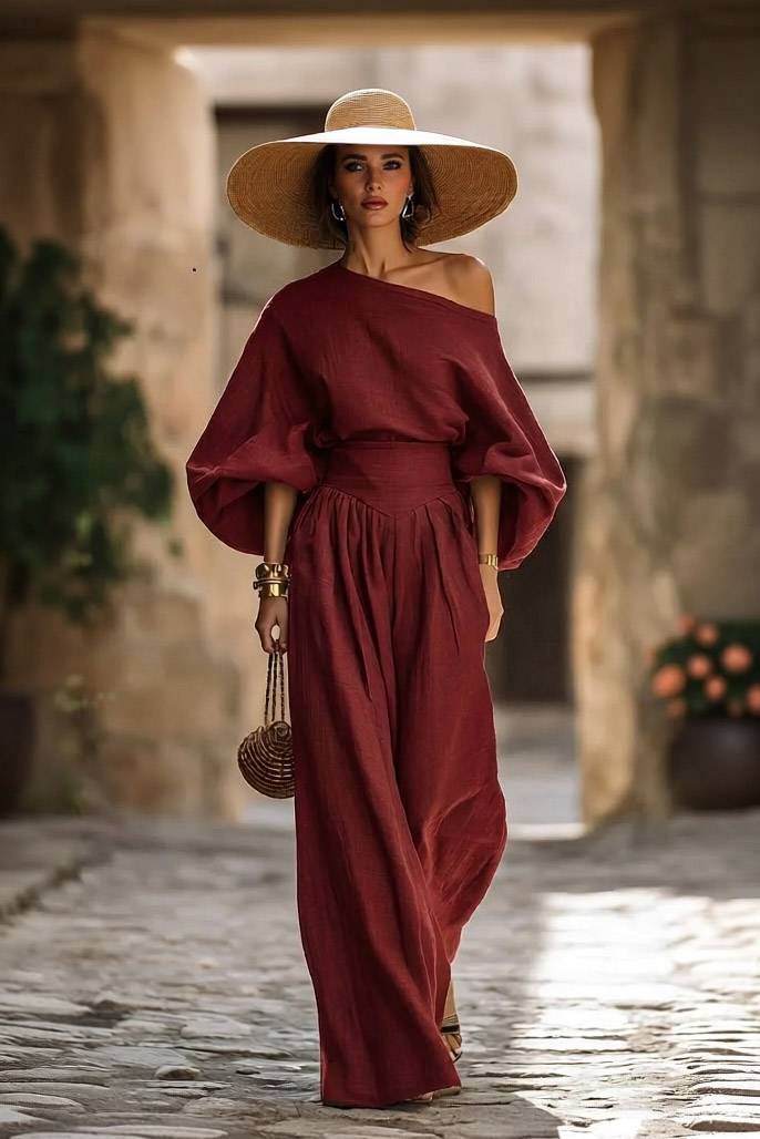 Off-shoulder Shirt And Wide-leg Pants Set