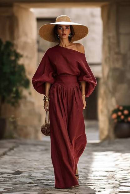 Off-shoulder Shirt And Wide-leg Pants Set