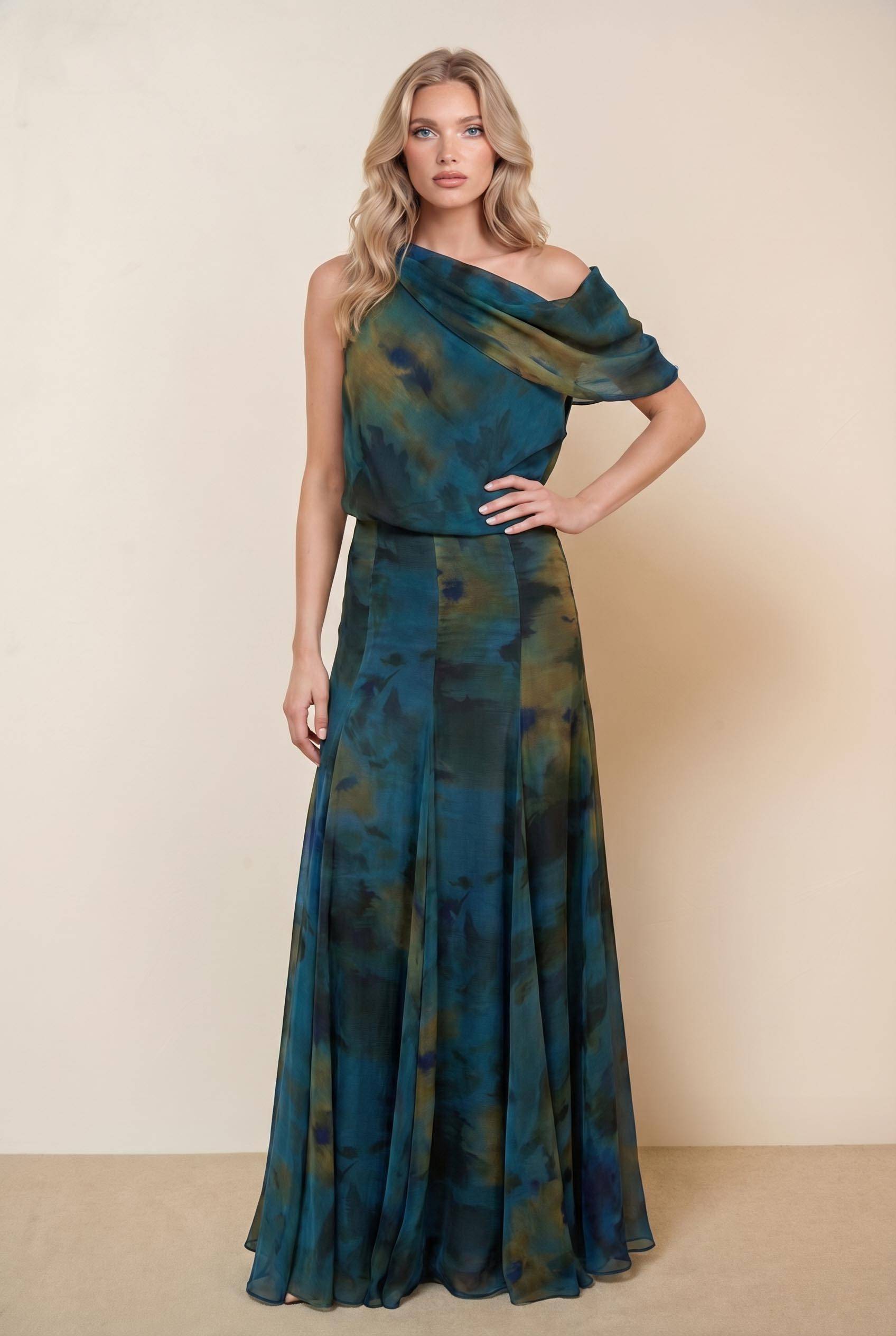 Asymmetric Design Printed Top Scarf And Skirt Set