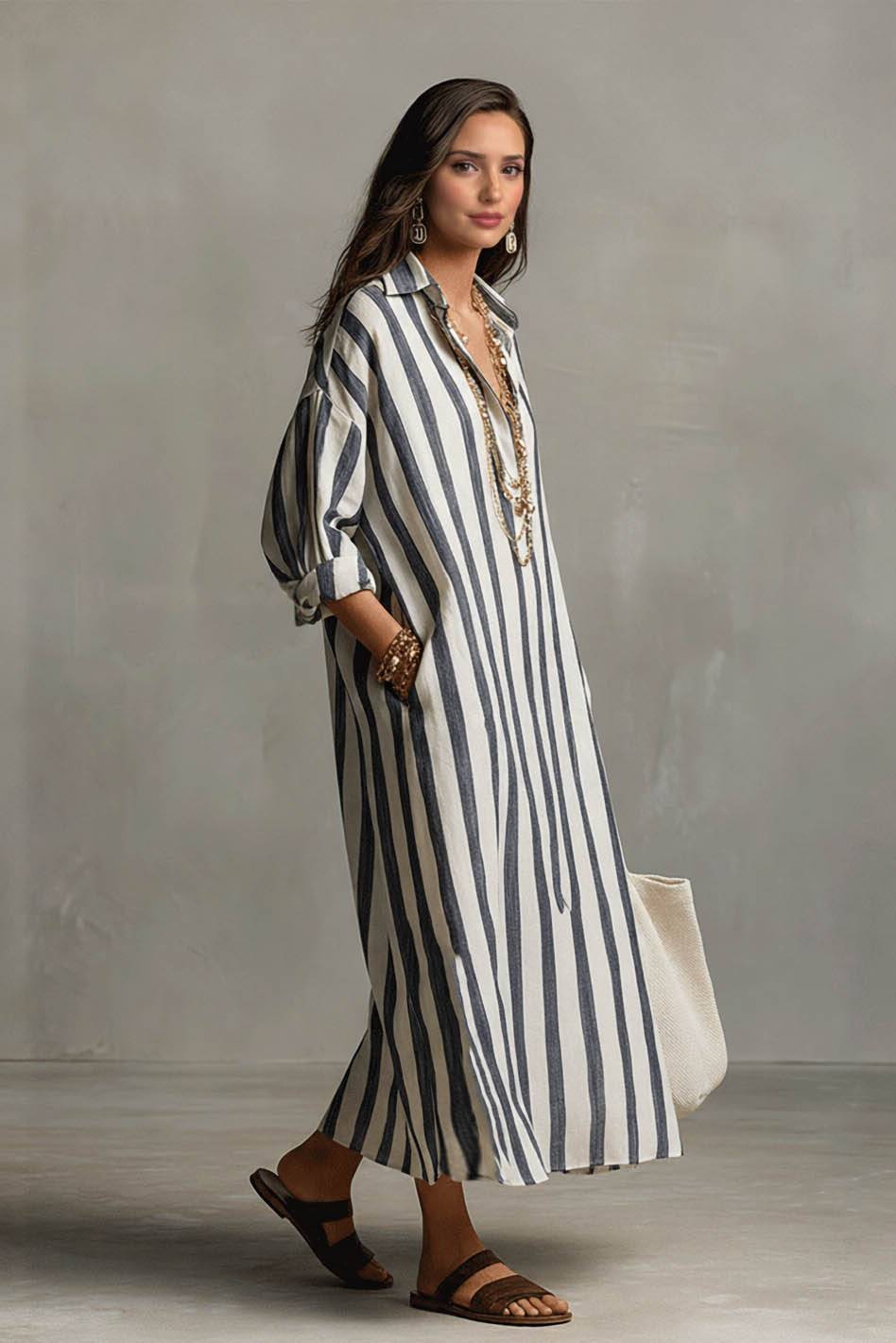 Deep V-Neck Stripe Printed Shirt Dress