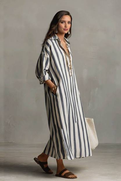 Deep V-Neck Stripe Printed Shirt Dress