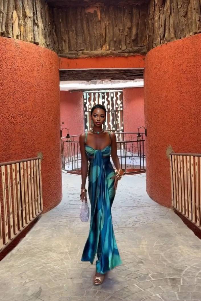 Printed Lace-Up Design Maxi Dress