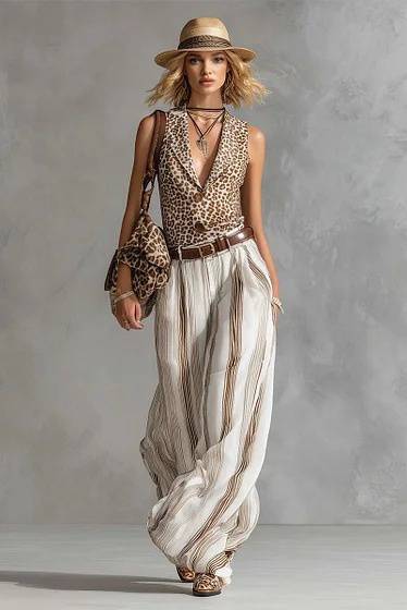 Leopard-Print Vest and Striped Wide-Leg Pants Set