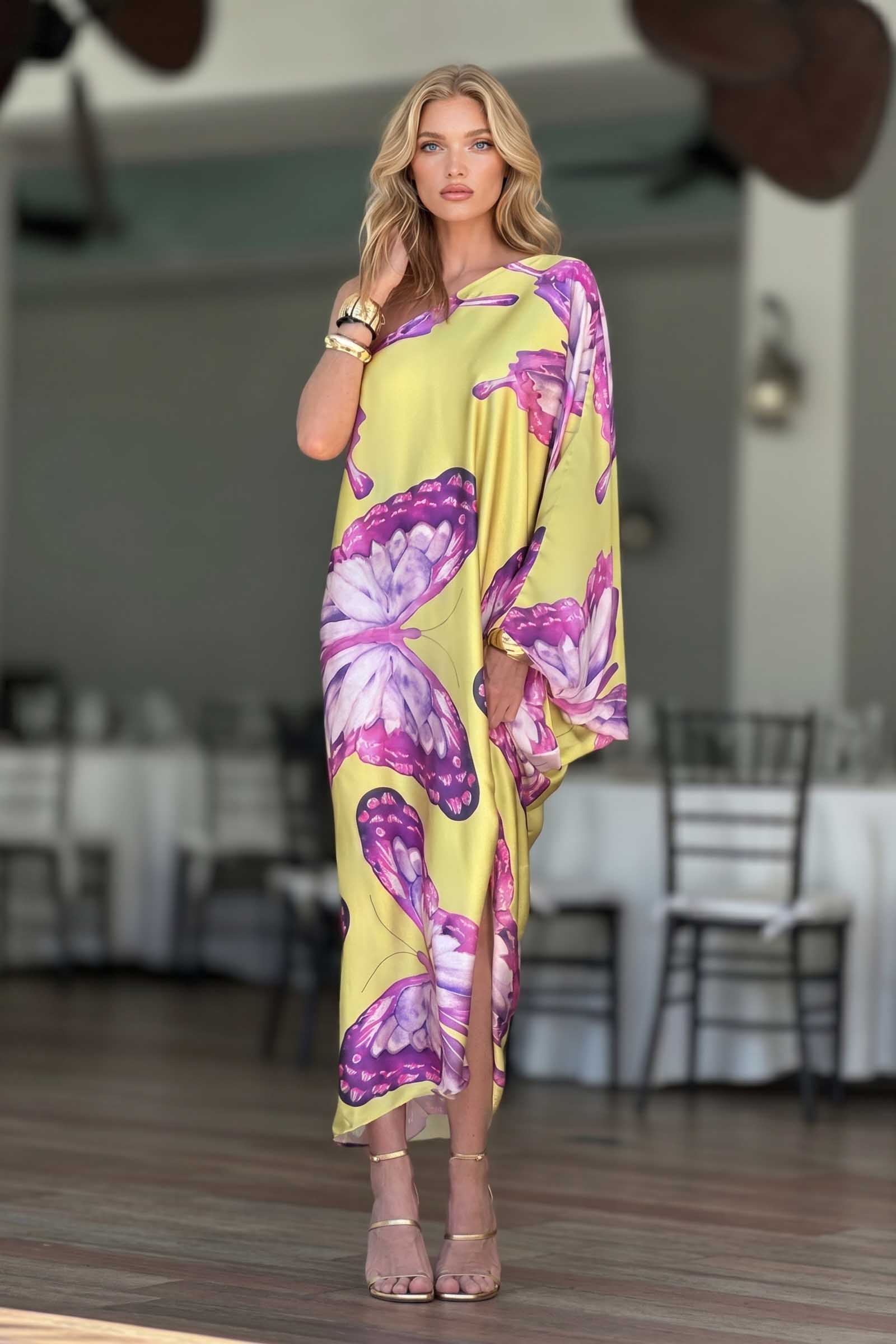 Butterfly-Printed Slant-Neck Dress