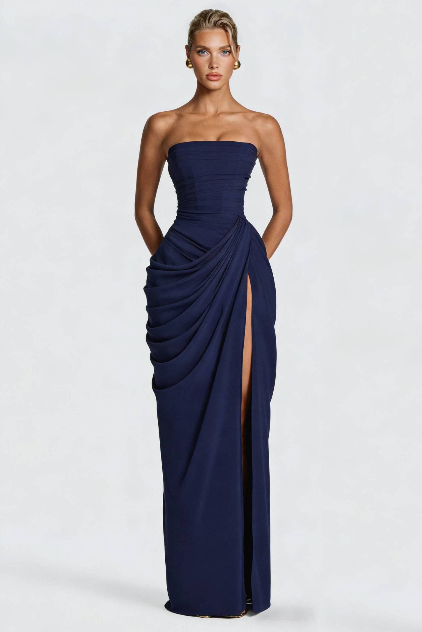 Strapless Pleated Slit Maxi Dress
