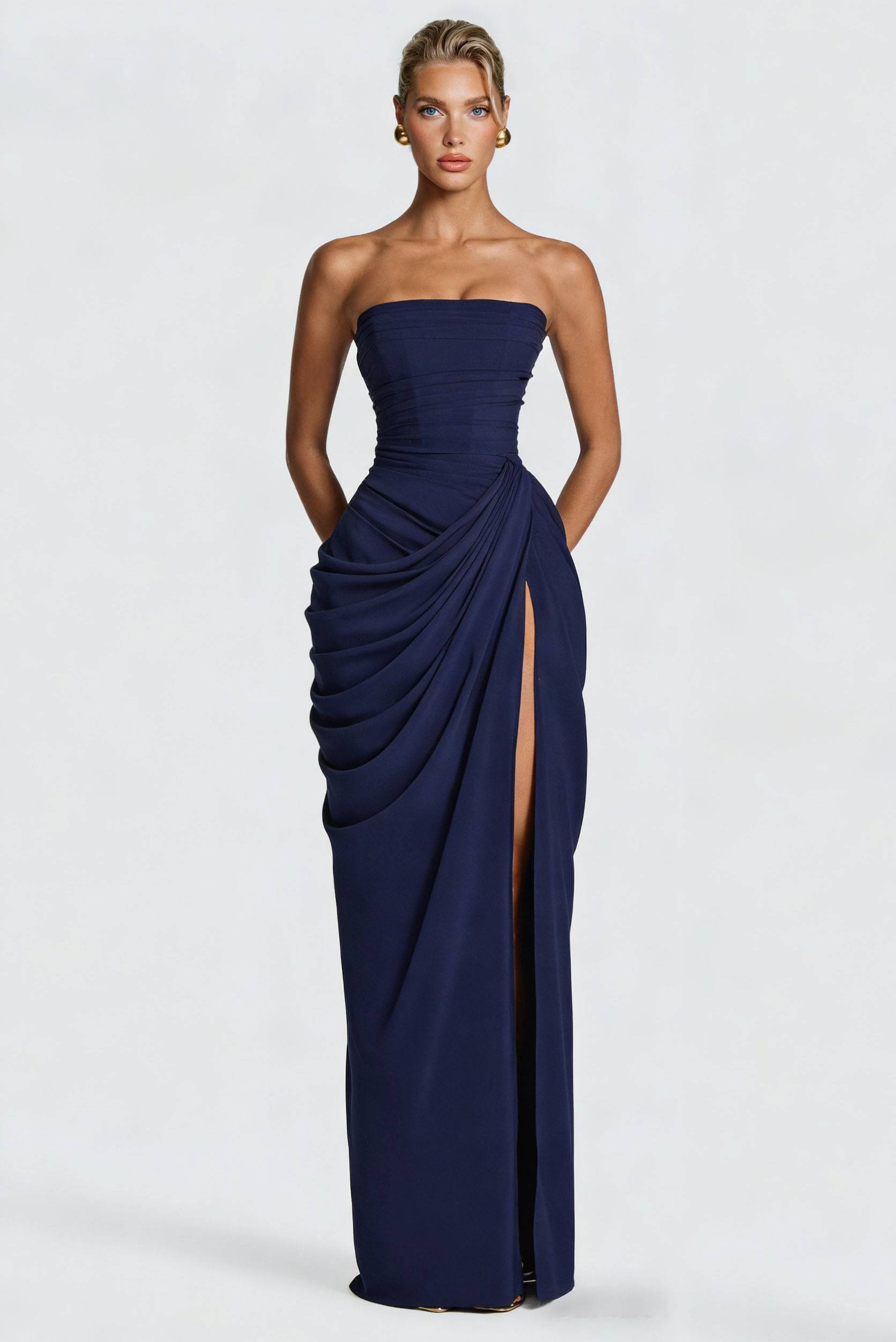 Strapless Pleated Slit Maxi Dress