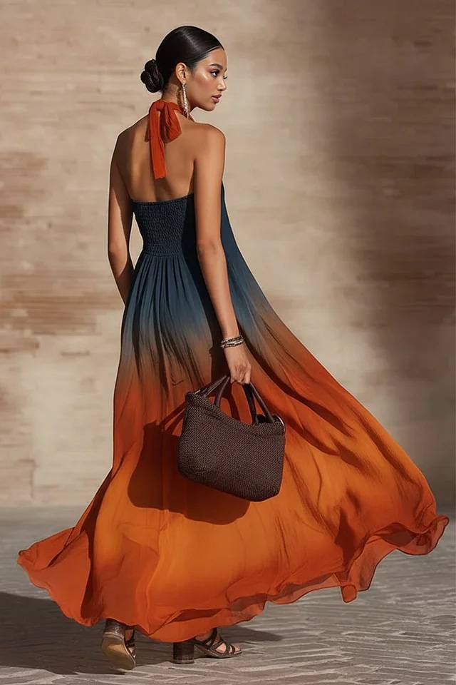 Halter-Neck Backless Gradient Printed Maxi Dress