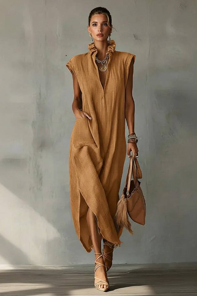 Lace Stand Collar Slit Dress