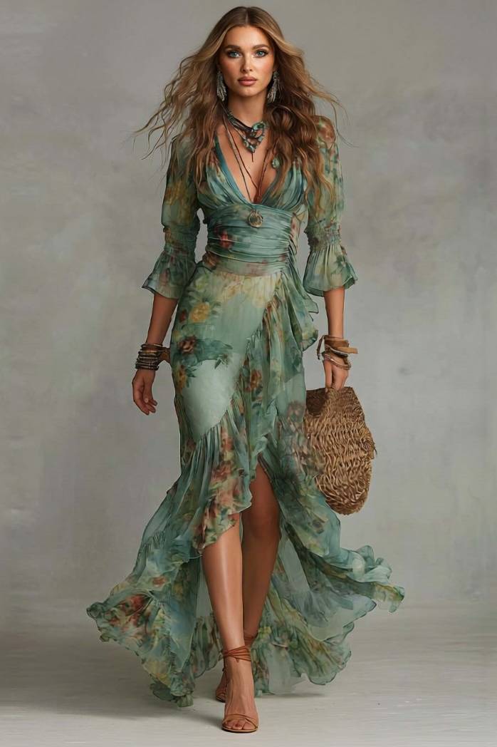 V-Neck Floral Printed Ruffled Hem Dress