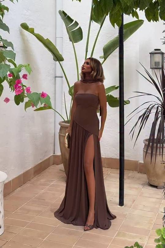 Strapless Slit Scarf Maxi Dress