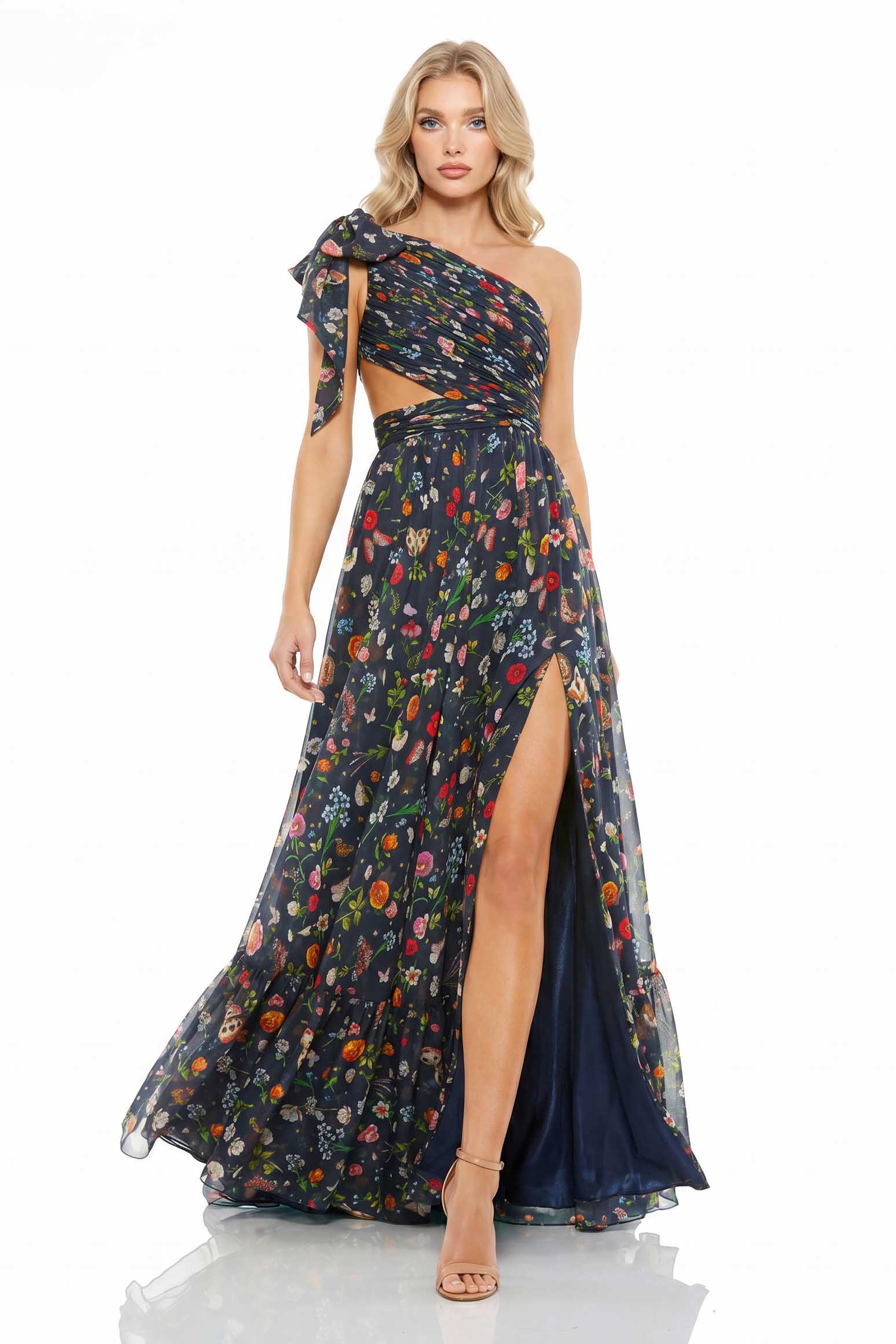 Oblique Neck Hollow Printed Maxi Dress