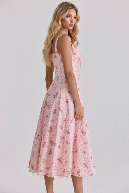 Floral Strap High-Waist A- Line Midi Dress