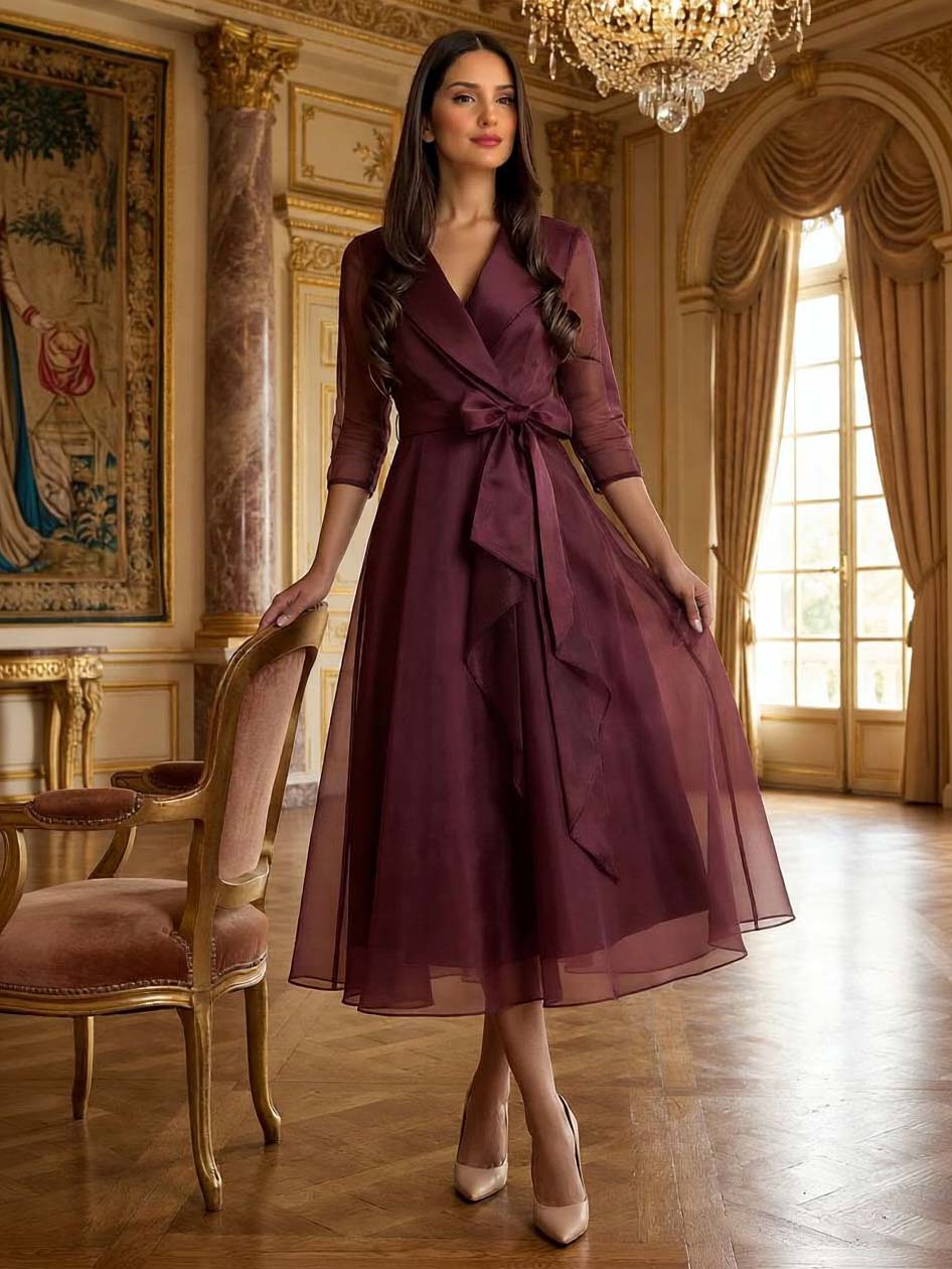 Elegant Draped Shawl-Collar Organza Midi Dress