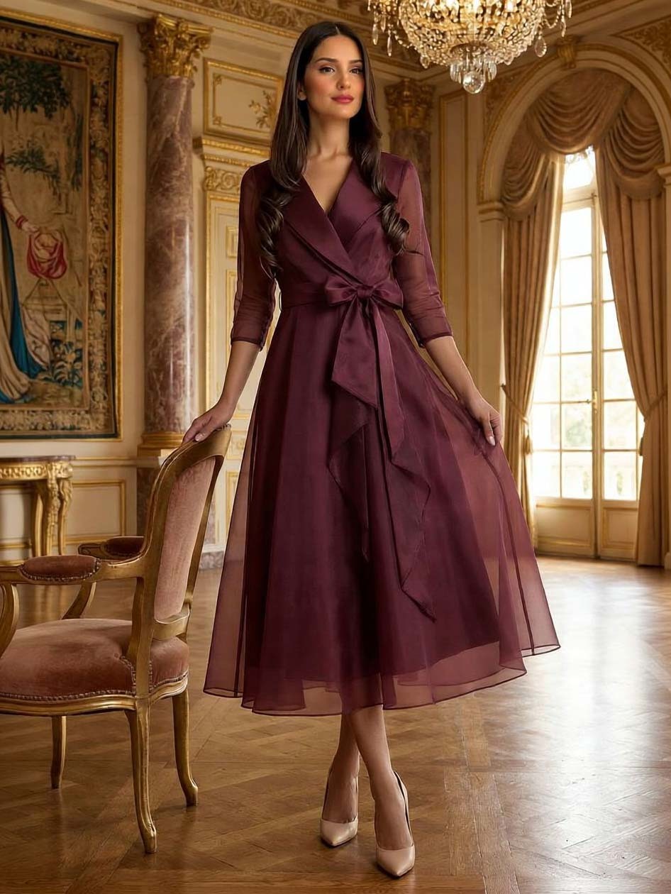 Elegant Draped Shawl-Collar Organza Midi Dress