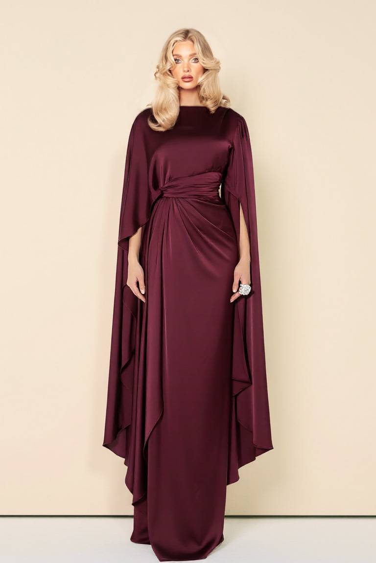 Boat Neck Pleated Satin Maxi Dress