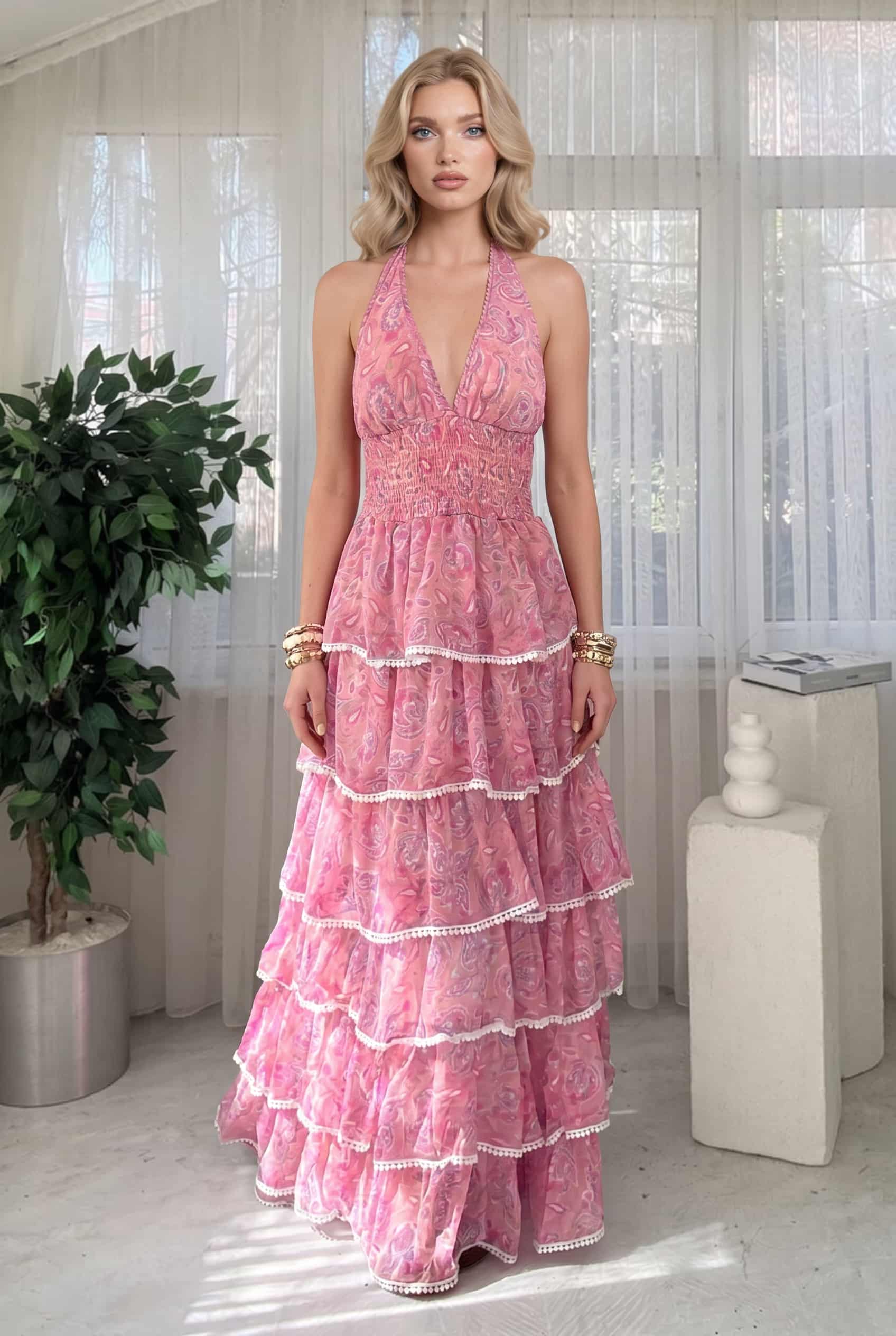 V-Neck Printed Ruffled Dress