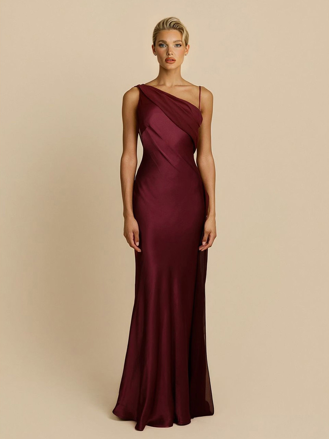 Elegant Satin Asymmetric One Shoulder Maxi Dress