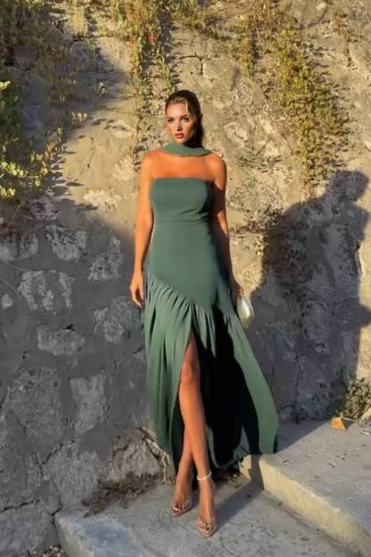 Strapless Slit Scarf Maxi Dress