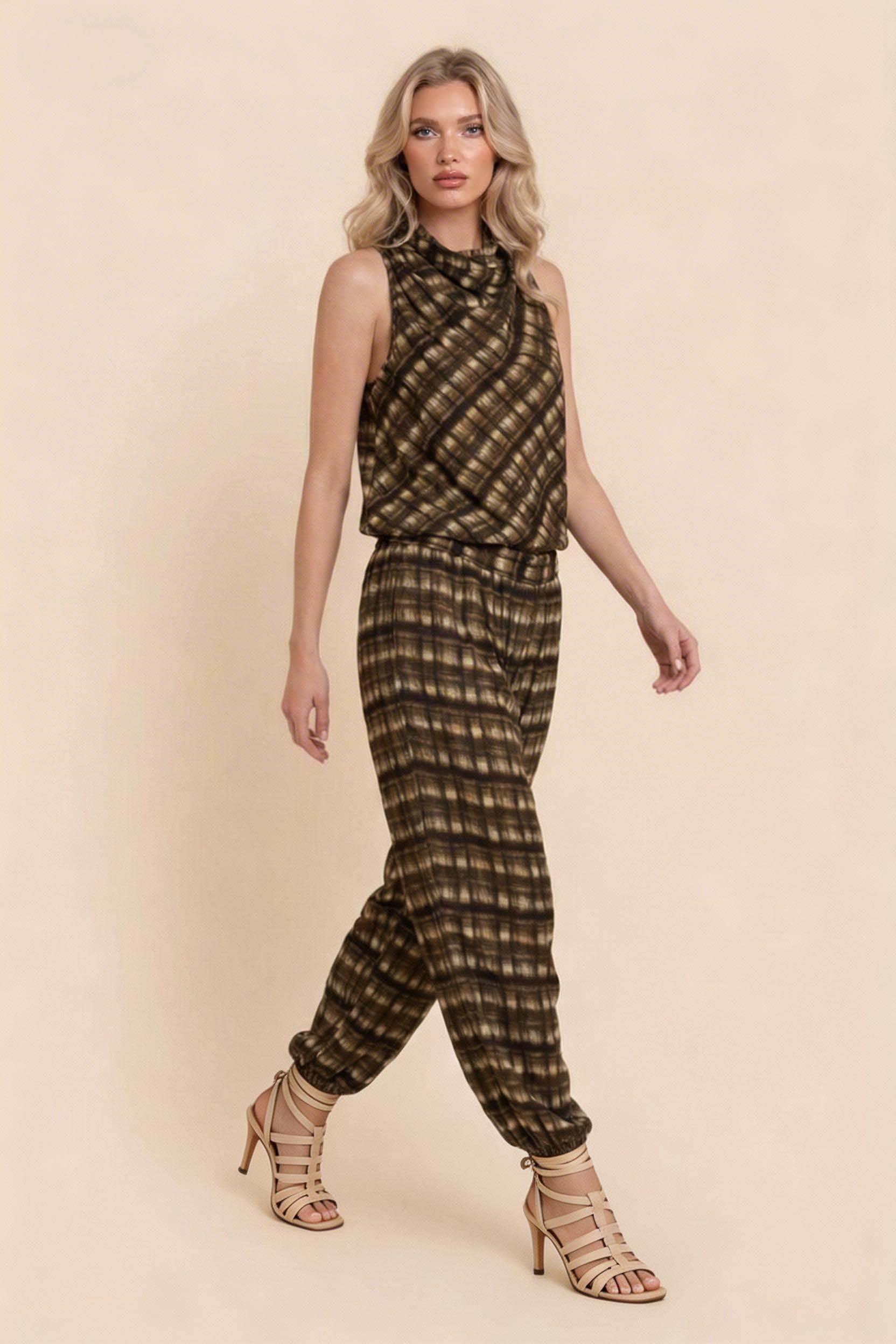 Plaid Cowl-Neck Top And Pants Set