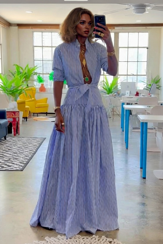 Striped Stand Collar Shirt And Skirt Suit