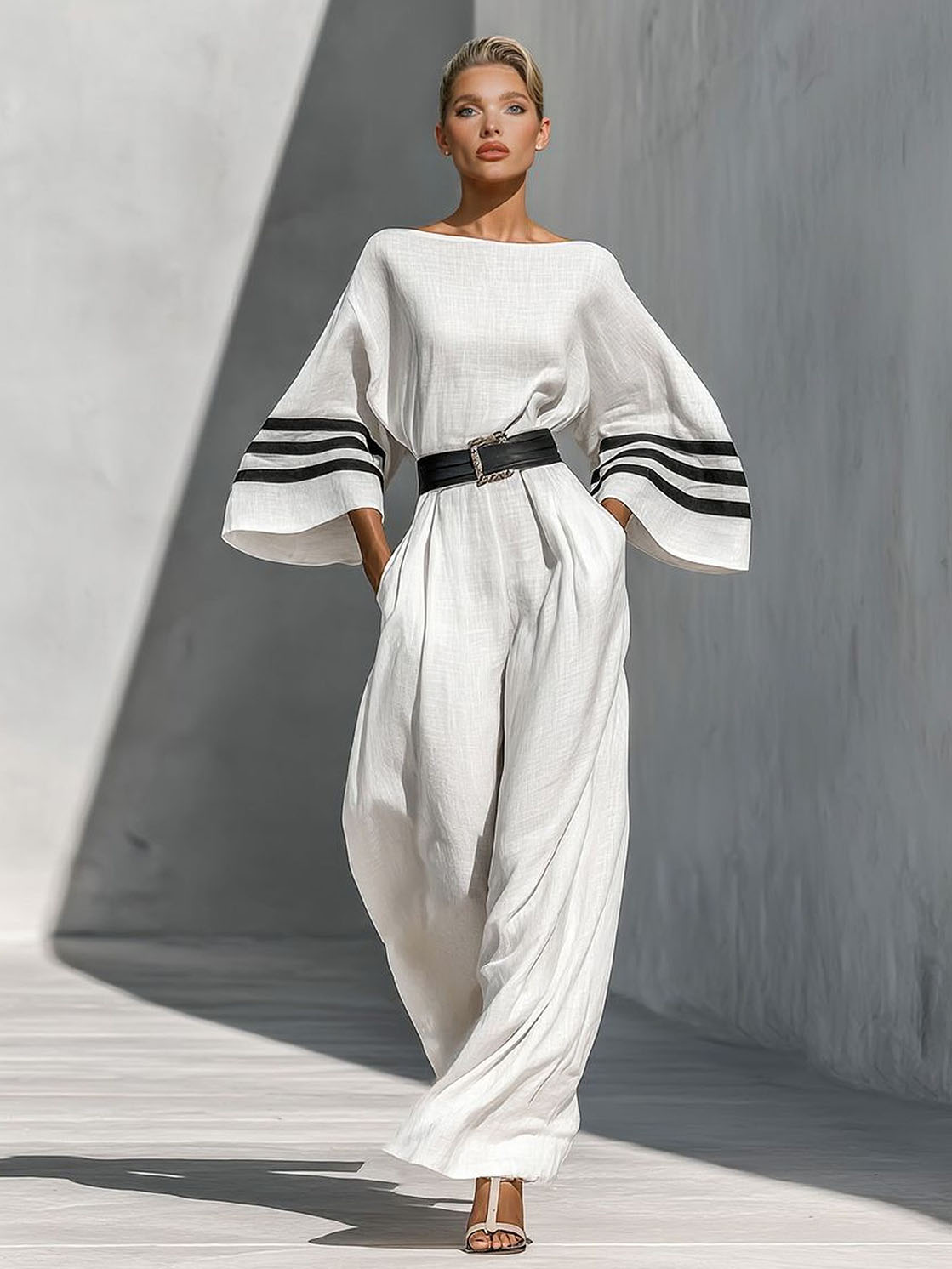 Minimalist Striped Tie-Waist Bell-Sleeve Jumpsuit