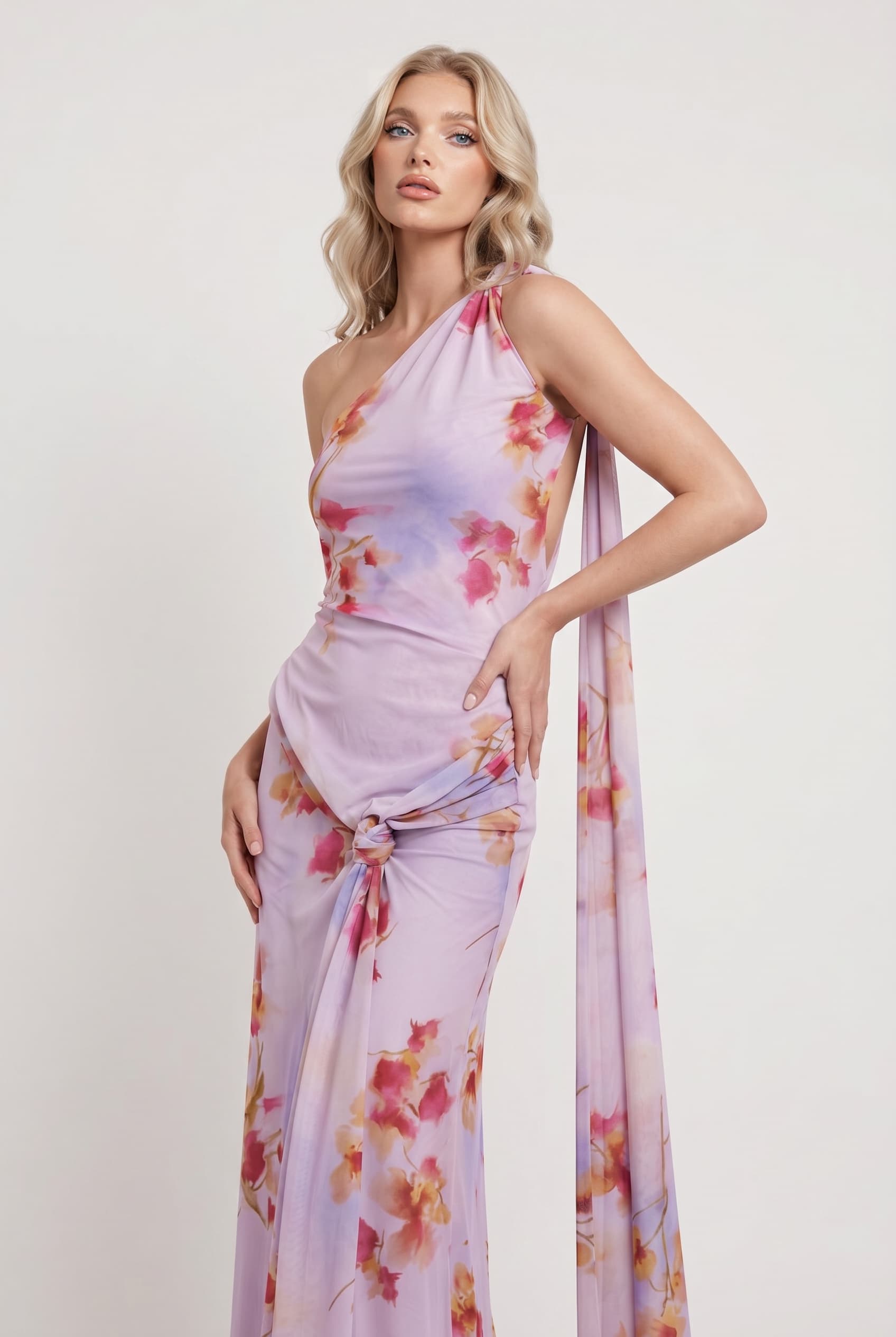 Slant-Shoulder Lace-Up Printed Maxi Dress