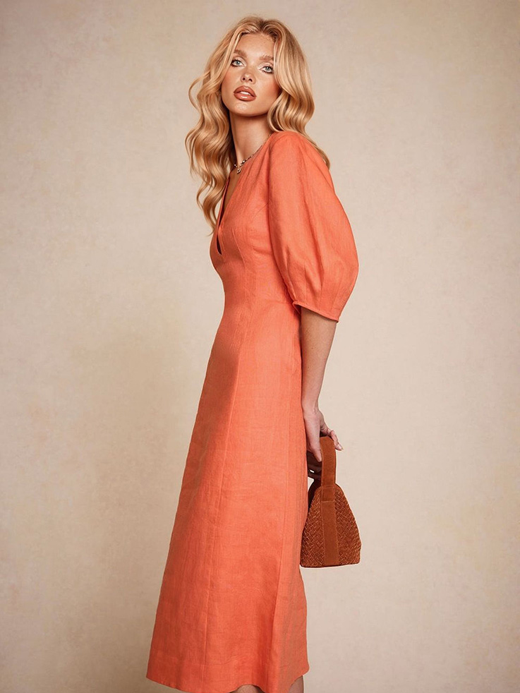 Exquisite Puff Sleeve A-Line Midi Dress