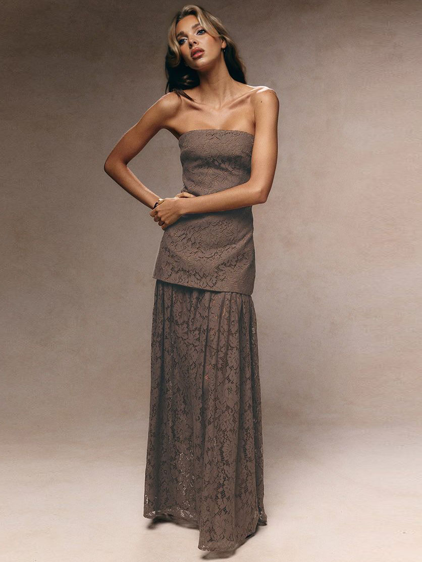 Elegant Strapless Lace Maxi Dress