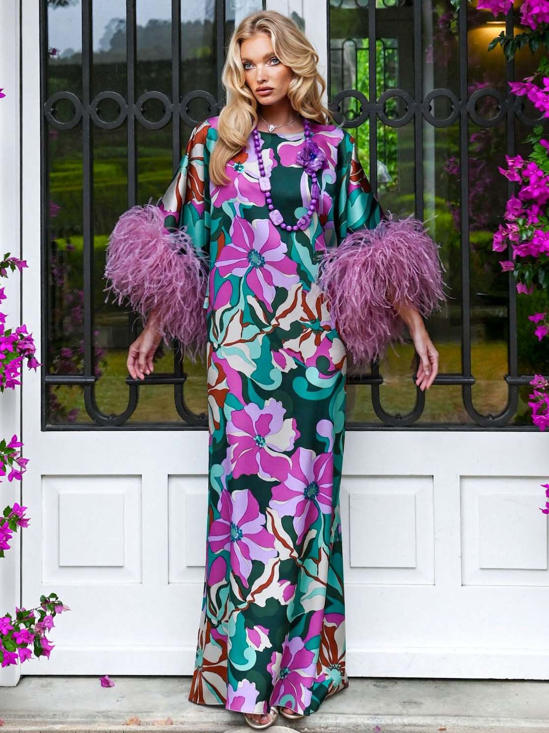 Elegant Floral Print Feather Cuff Satin Maxi Dress
