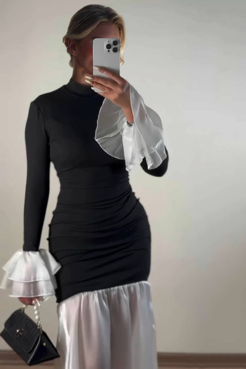 Color Contrast Fishtail Slim Fit Midi Dress