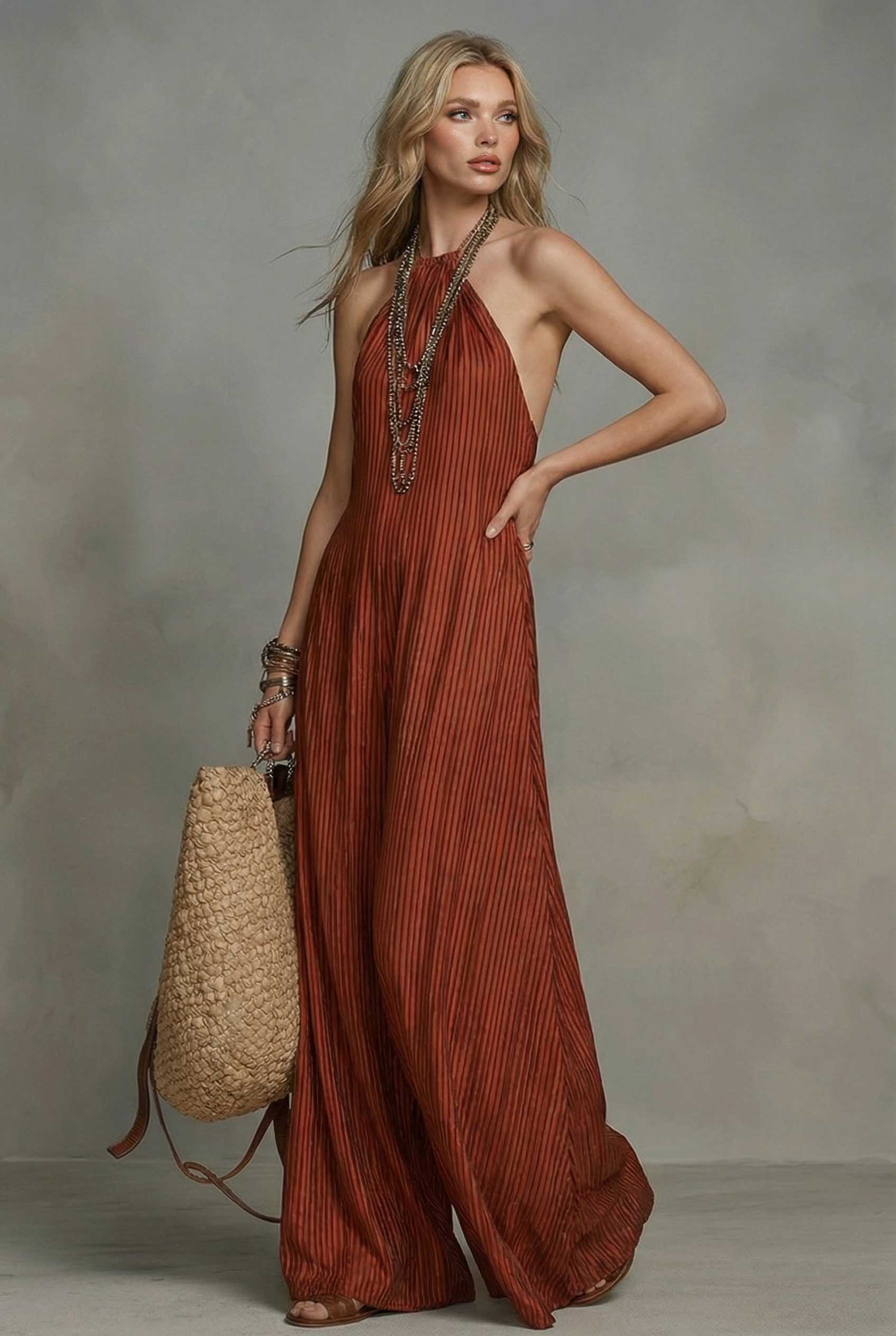 Striped Halter-Neck Maxi Dress