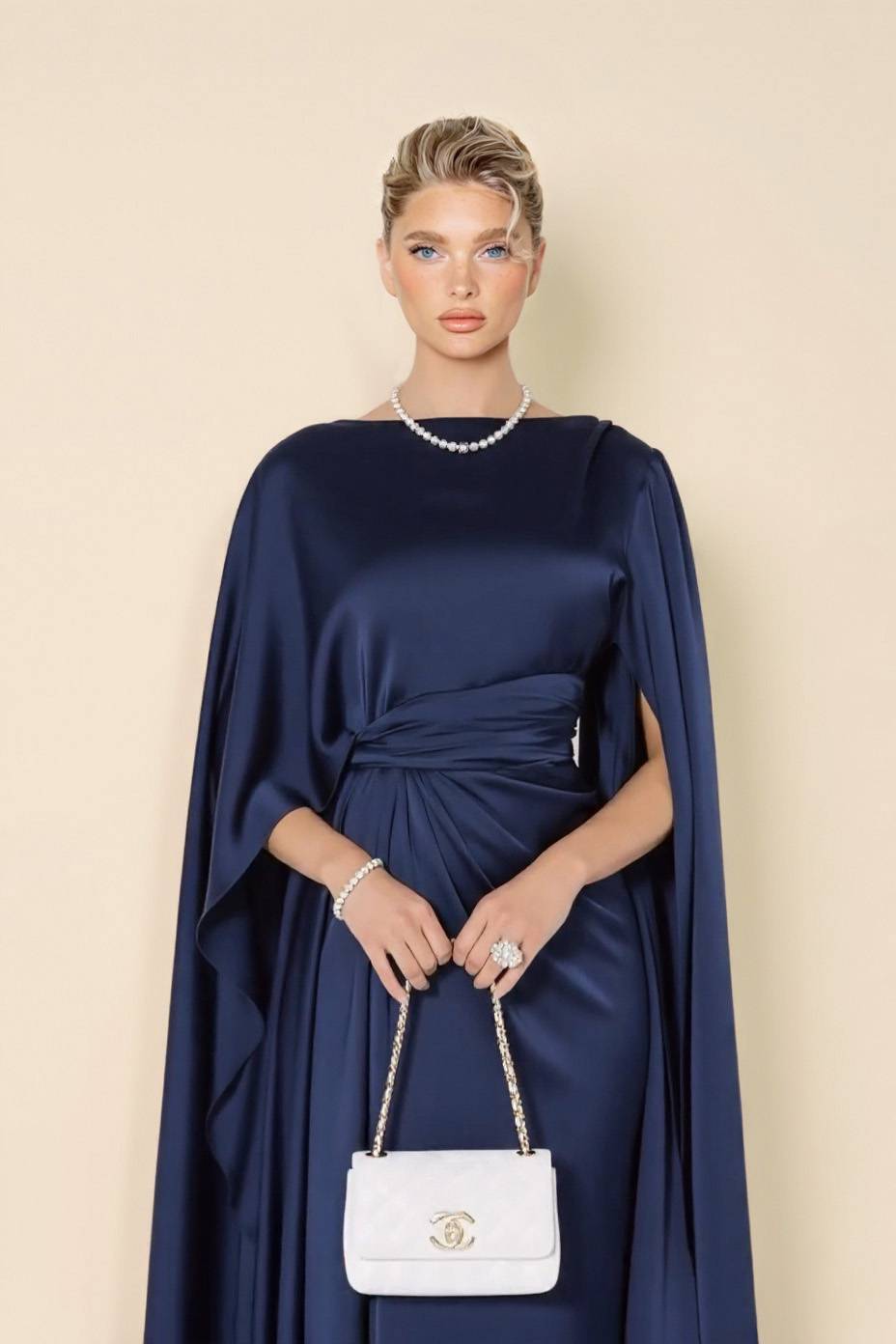 Boat Neck Pleated Satin Maxi Dress