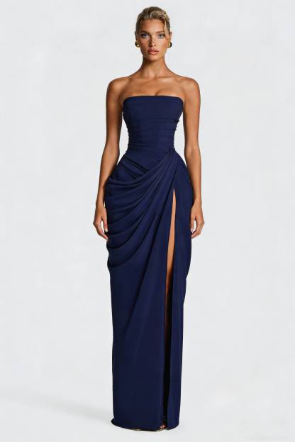 Strapless Pleated Slit Maxi Dress