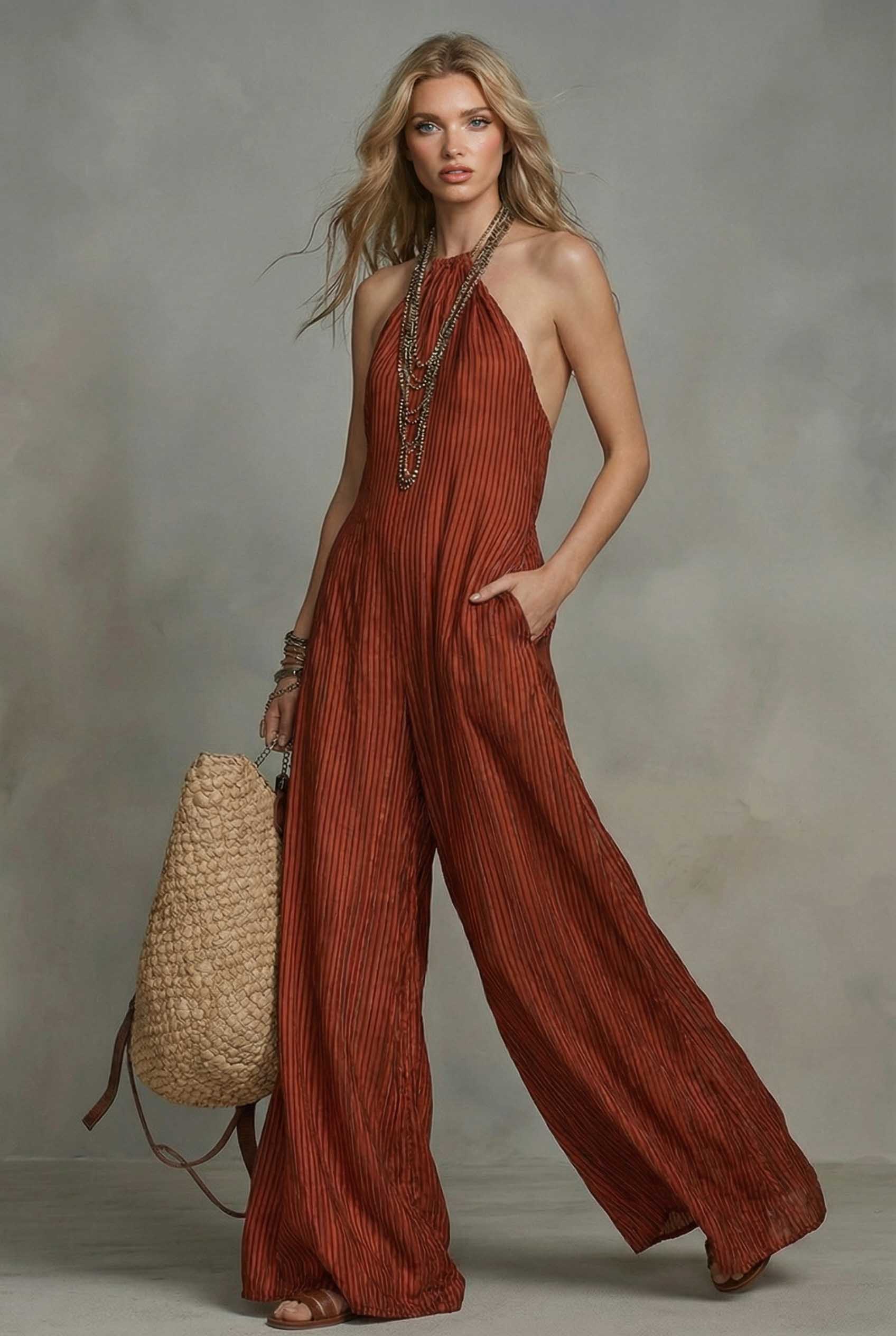 Striped Halter-Neck Maxi Dress